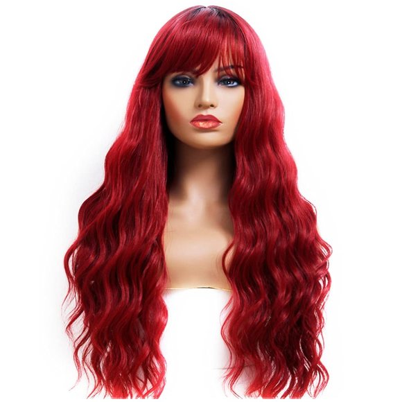 ANDRIA Women's 26" Wavy Wig w/Bangs Synthetic Heat Resist Ombre Burgundy Red NWT - Picture 2 of 5